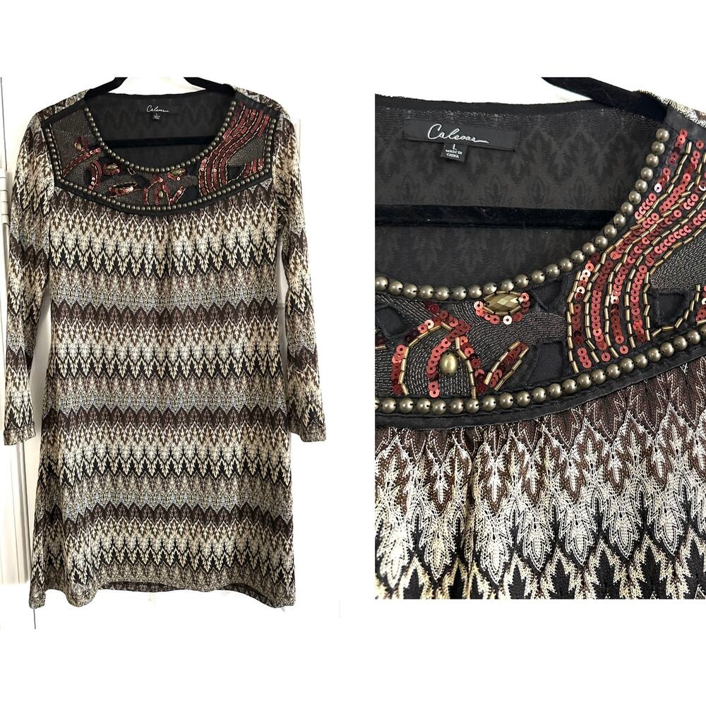 CALESSA Boho Knit Dress Embellished Neckline Beaded Sequin Tunic Brown Cream L